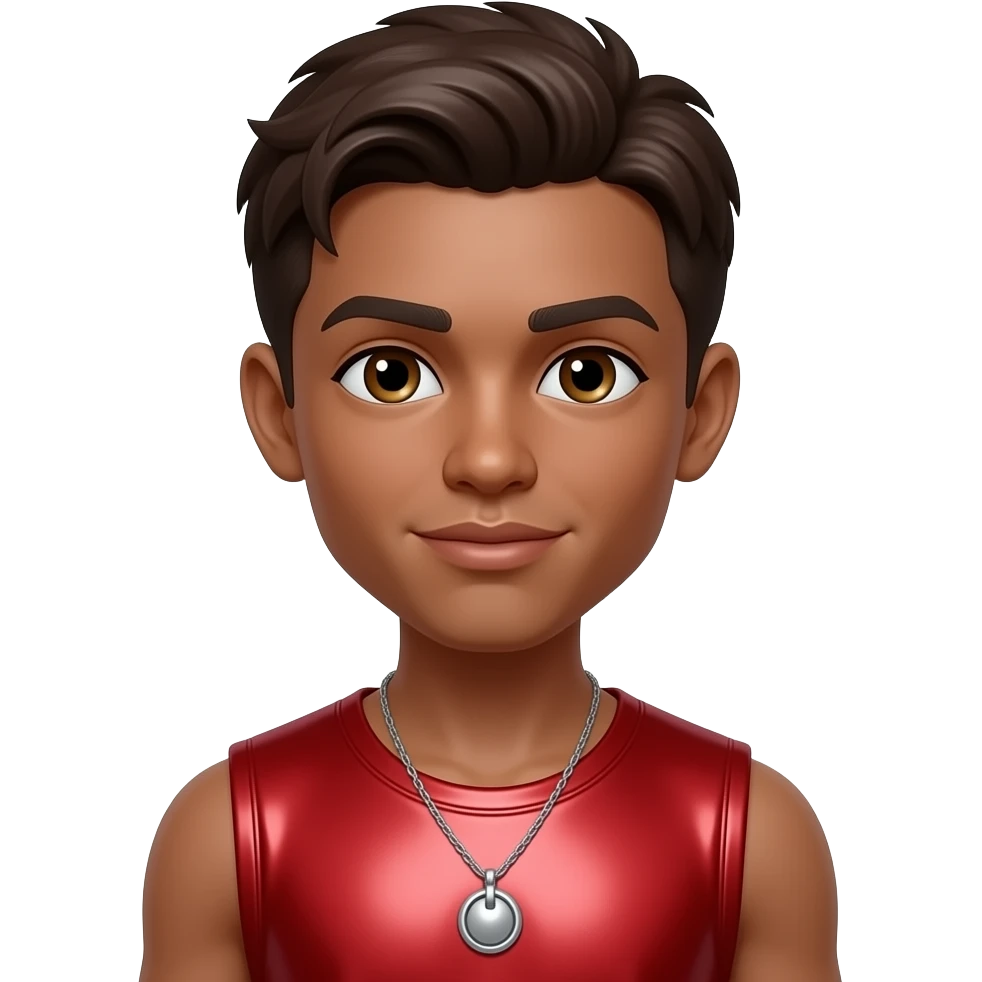 Dylan from Bratz with brown skin, hazel eyes, dark brown hair, red metallic sleeveless shirt, silver necklace emoji
