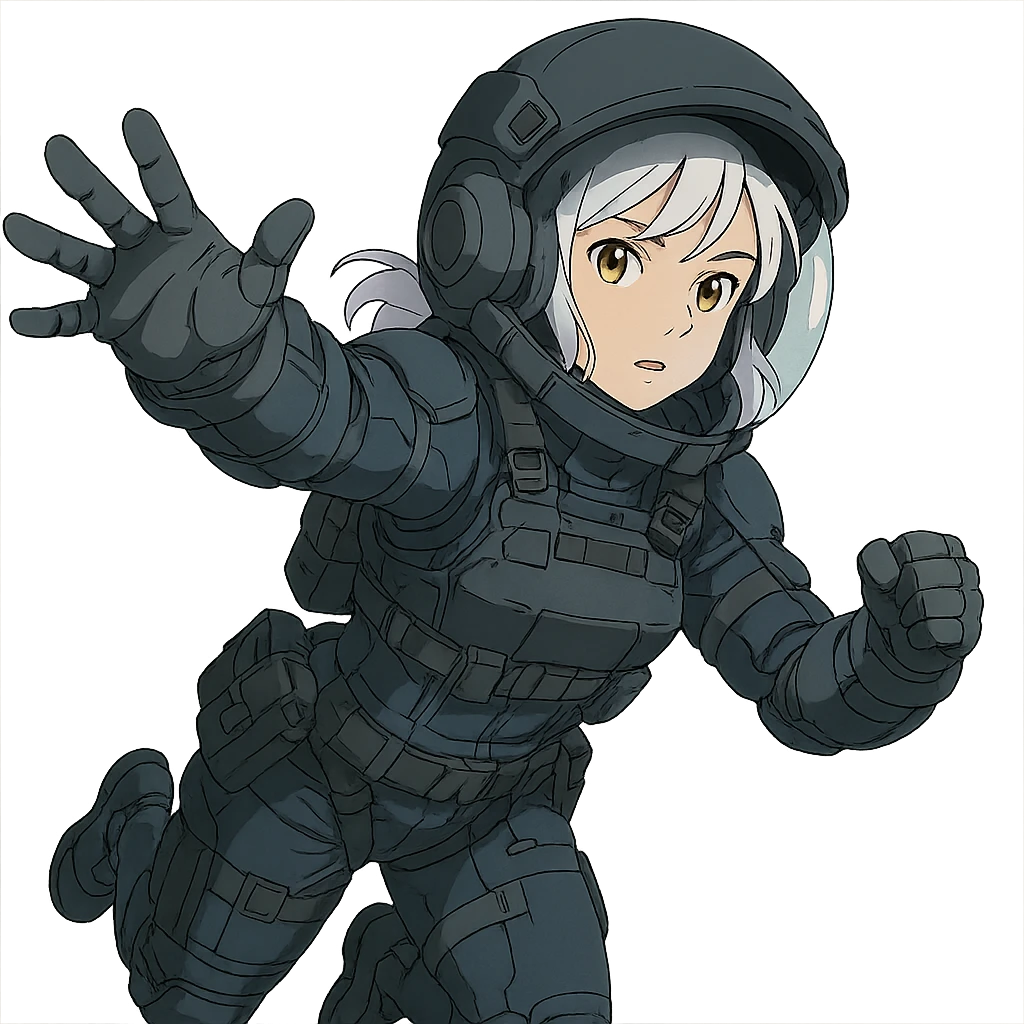1 female, white hair lavender tips gold yellow eyes, a tactical female space warrior floating in zero-g EVA operations, reaching in front of her emoji