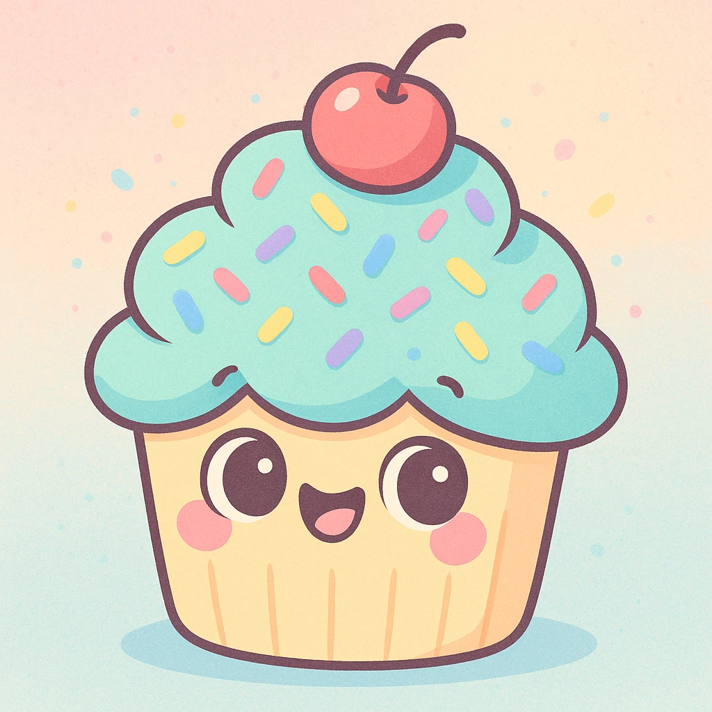 cute pastel cupcake with rainbow sprinkles and a cherry on top, soft pastel toon style emoji