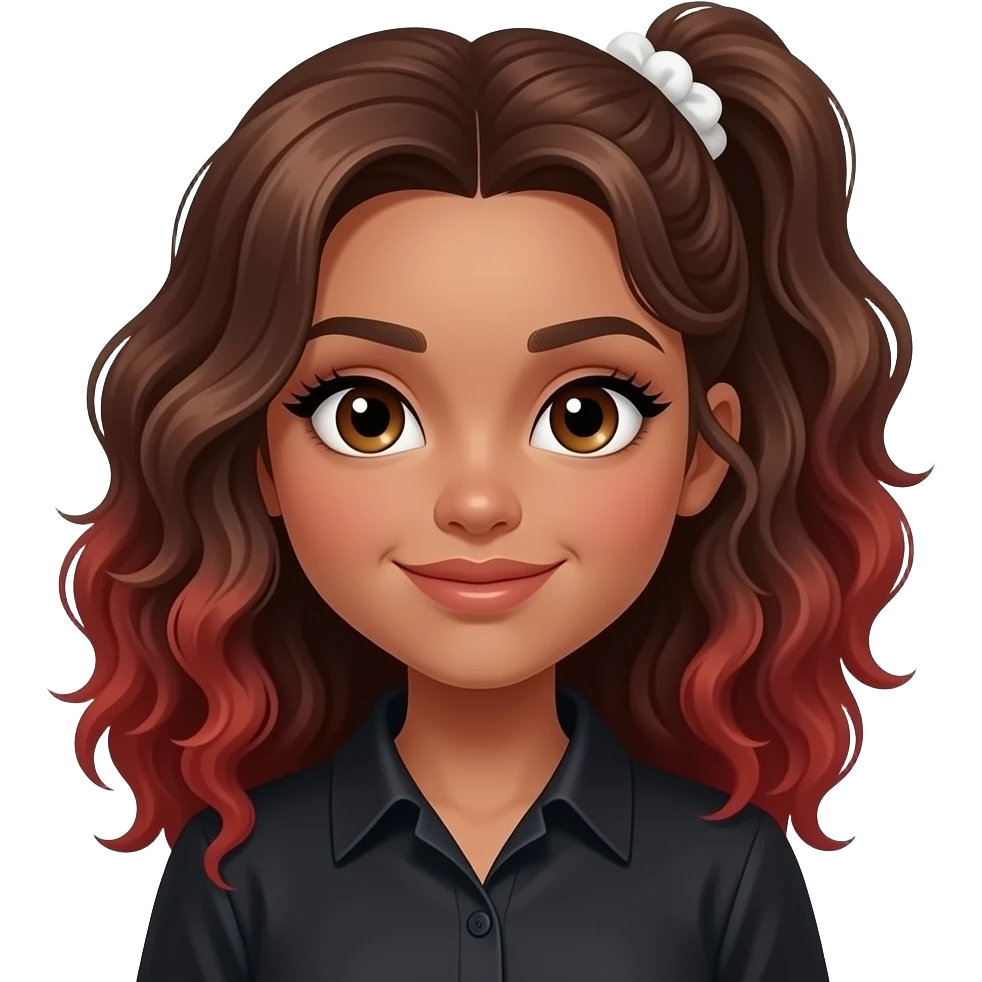 girl with medium to long, slightly curly brown, slightly reddish hair in a a single low ponytail held with a white scrunchie, dark-goldenish-brown skin, big brown eyes, long lashes, thick dark eyebrows, a single dimple on her left cheek, vampire shirt. emoji