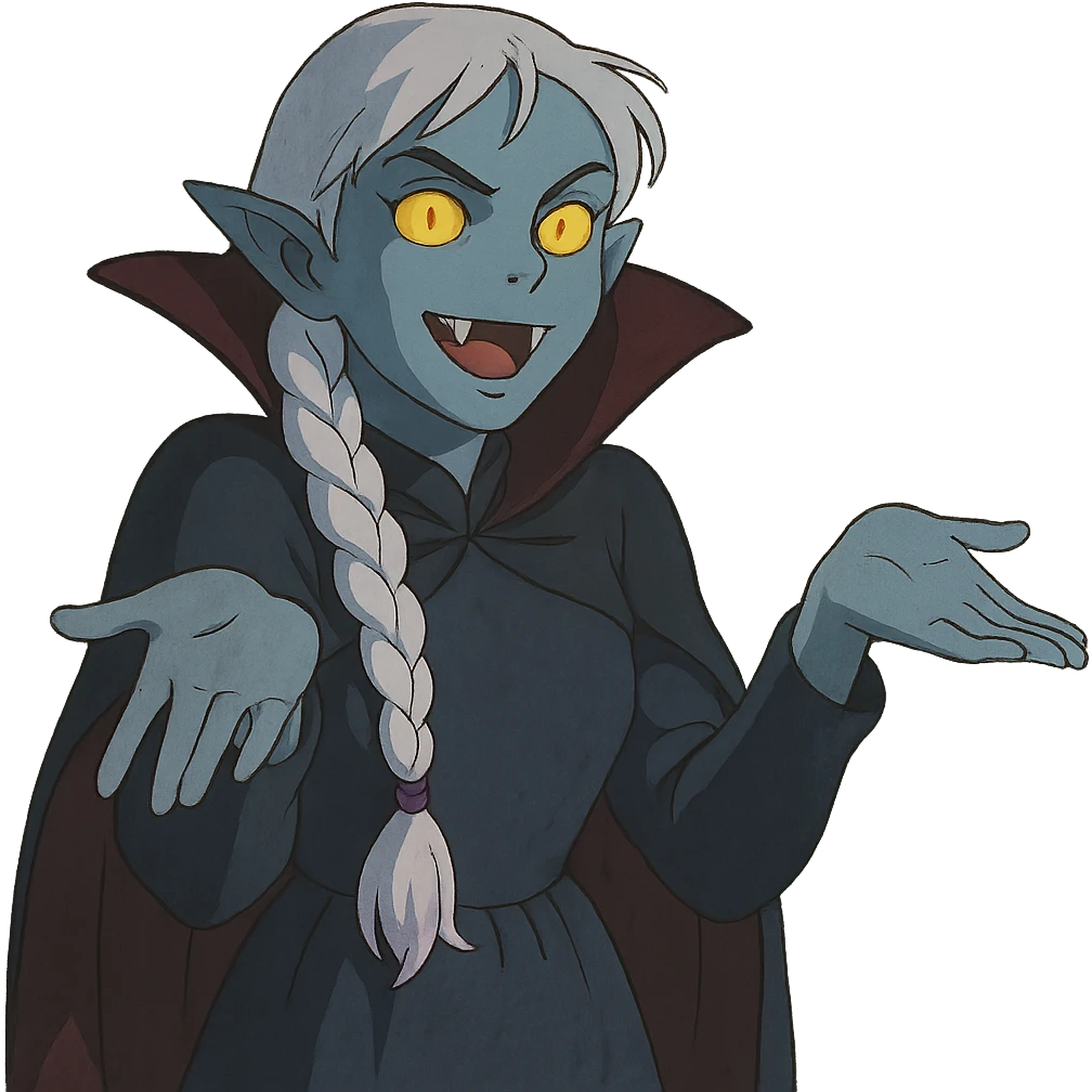 1 female, single long white braid with lavender tips. Vampire with blue skin and glowing gold yellow eyes. Meme pose emoji