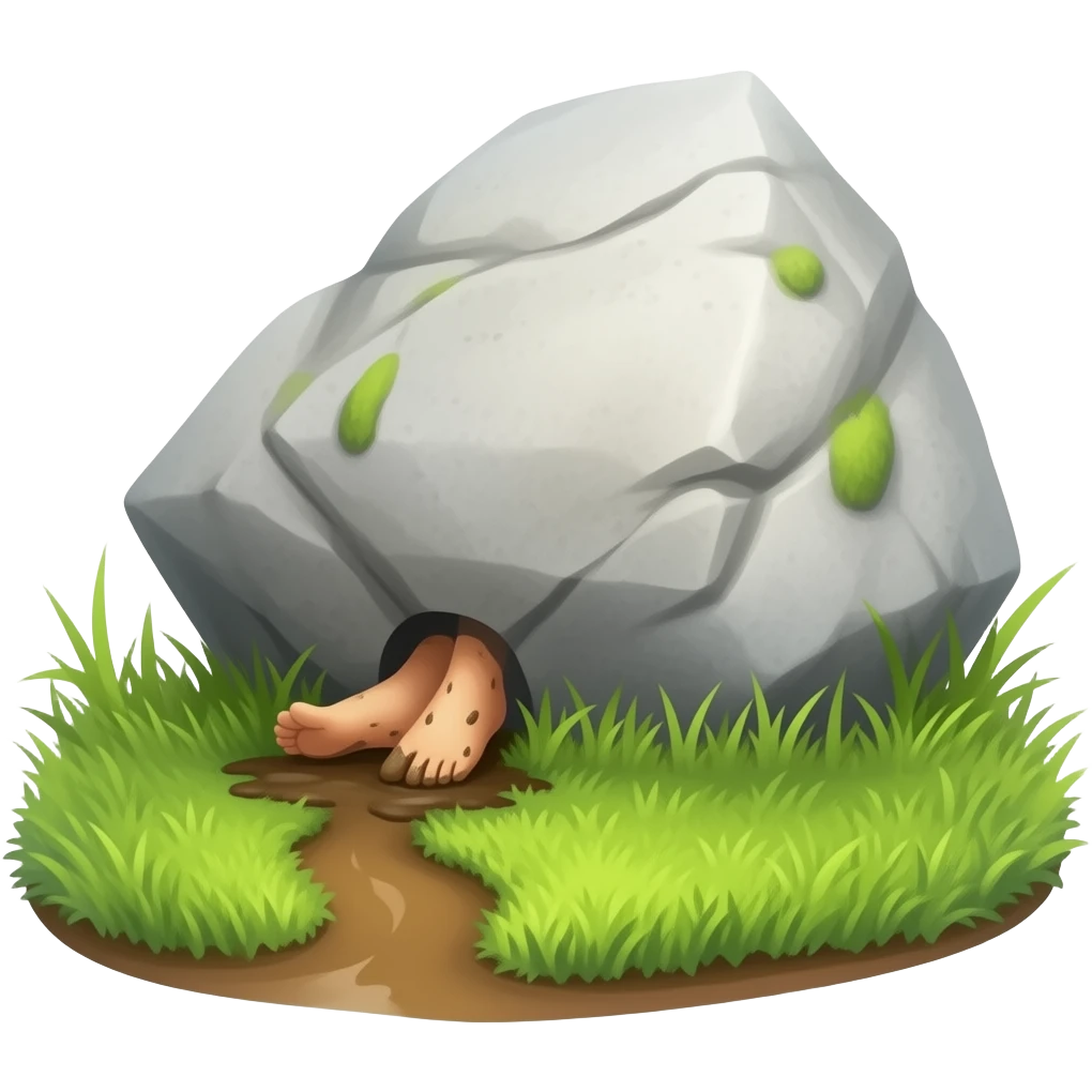 Muddy feet peaking out from the side of a boulder on a lush hrassy surface situated by a hiking trail emoji