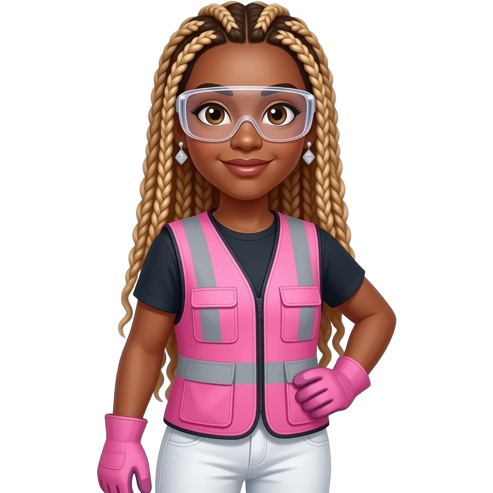 African American woman with brown eyes with long pink and gold box braids wearing diamond earrings wearing pink and clear safety glasses wearing a pink construction vest wearing white pans wearing pink construction vest wearing white pants wearing pink construction gloves emoji