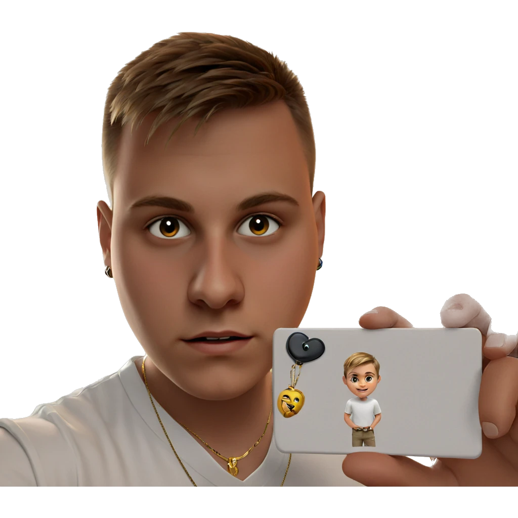 boy in white shirt holding necklace emoji