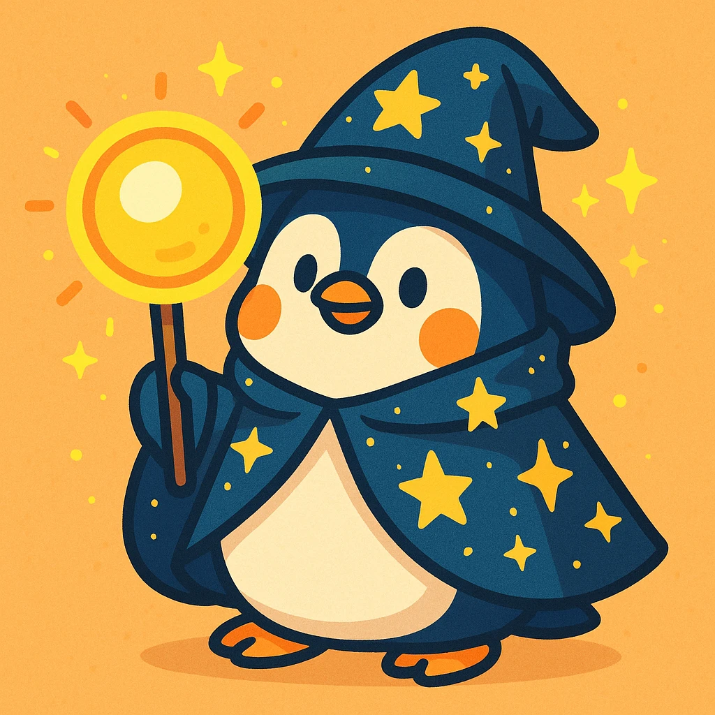 chubby penguin wizard with a starry cloak and a glowing orb, soft rounded illustration style, vibrant toon style emoji