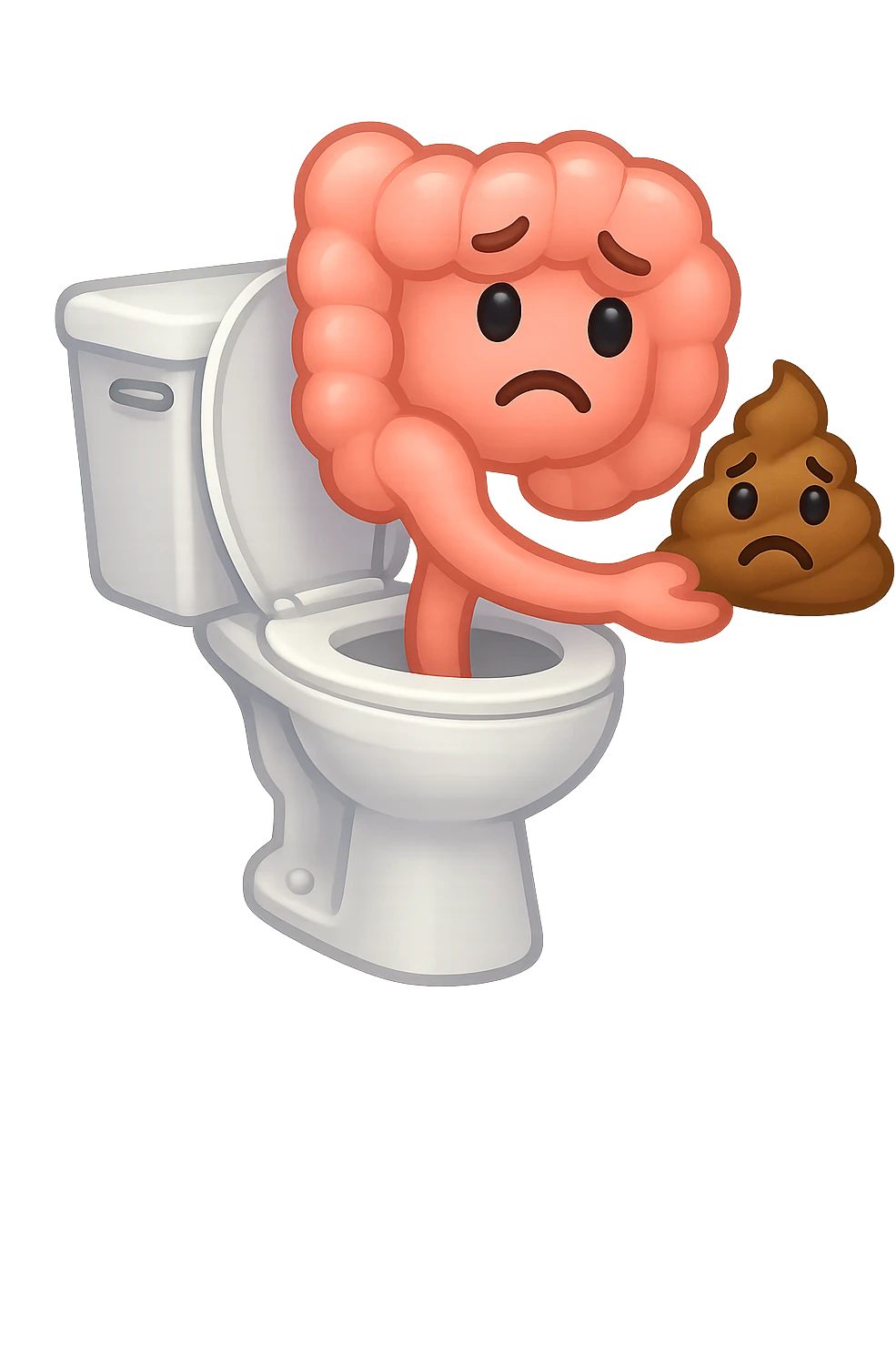 emoji stile iphone di un intestino che esce dal wc con in mano una montagnetta di feci con espressione triste a palline emoji