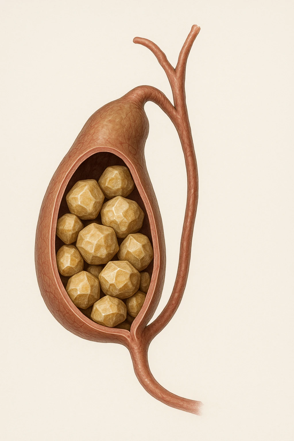 calcoli alla cistifellea anatomica, sfondo neutro chiaro, iperrealistico 4k emoji
