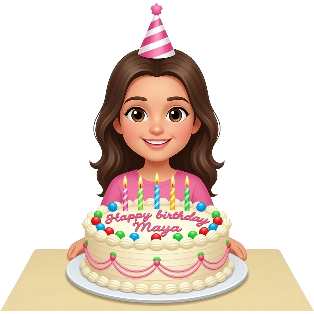 Girl birthday and on the table big cake on the cake written Happy birthday Maya emoji
