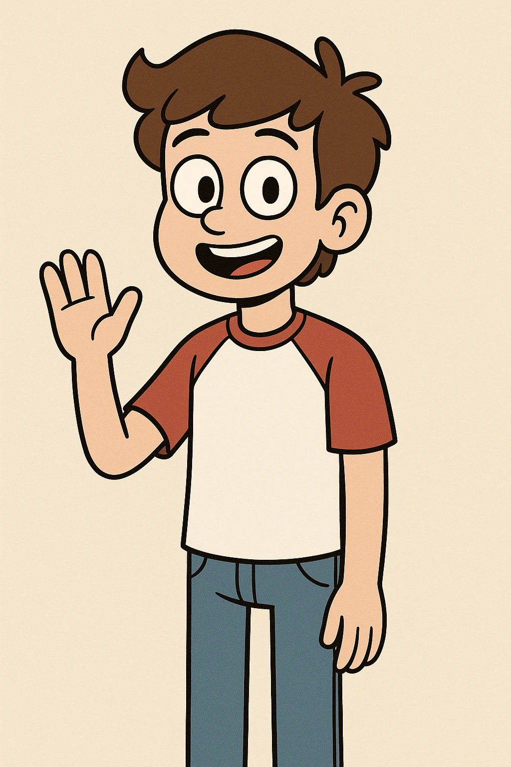 A boy brown hair black eyes red white shirt blue jeans a hand hello  emoji