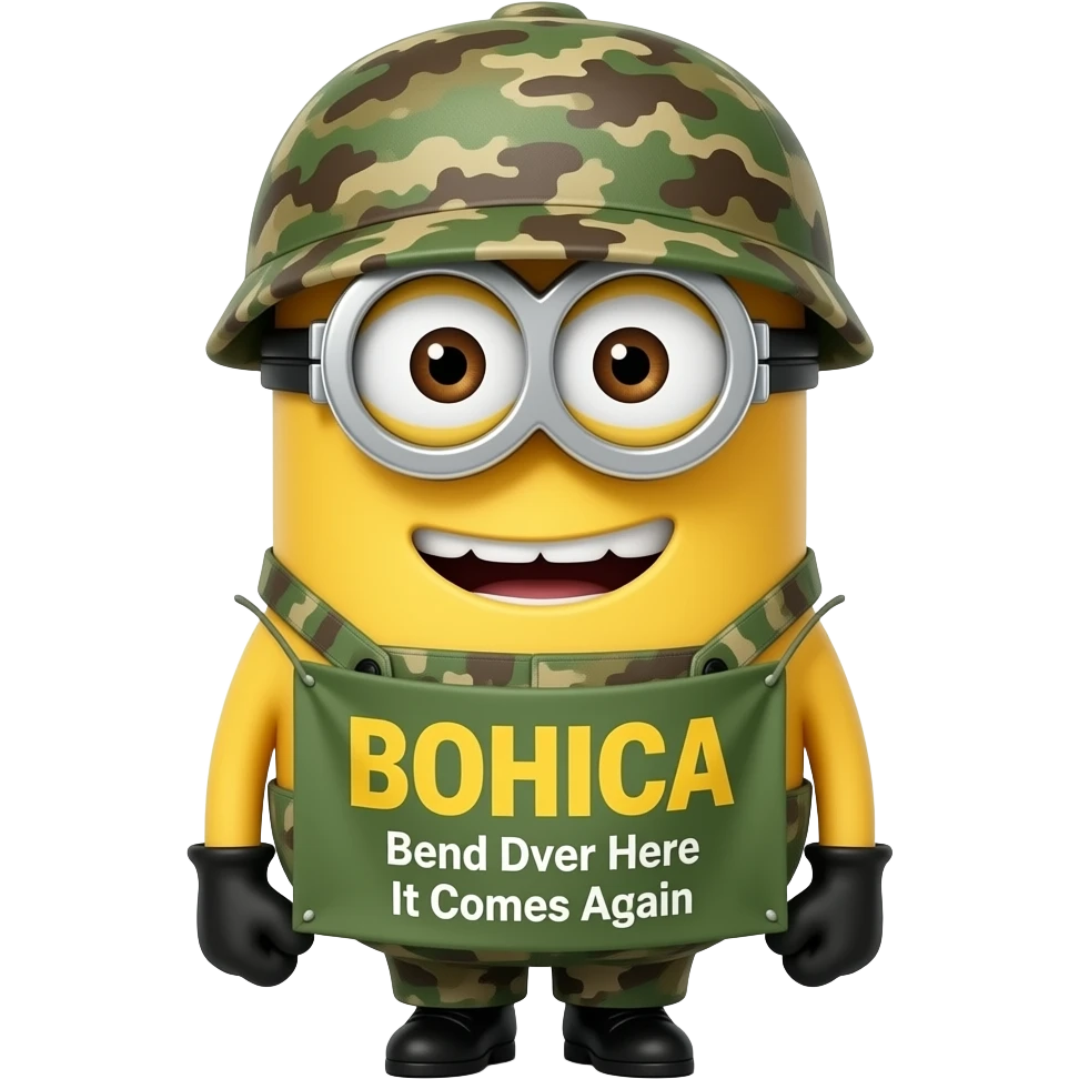 minion in army fatigues  text in banner BOHICA Bend Over Here It Comes Again emoji