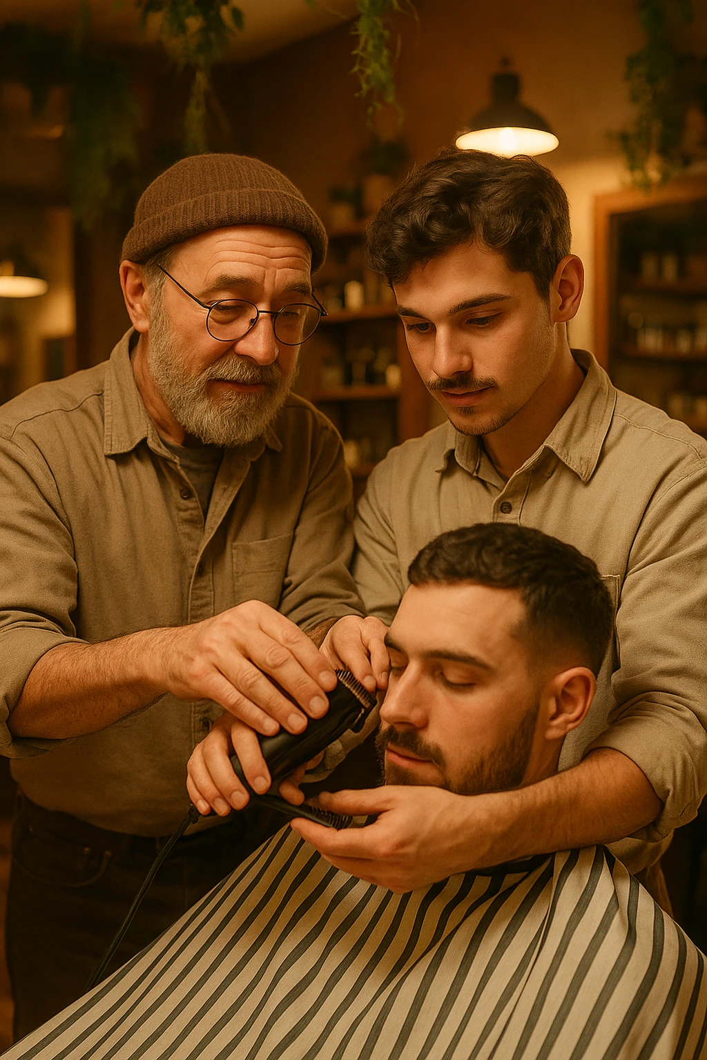 Inside a cozy barbershop with soft lighting, an experienced barber gently teaches his apprentice, guiding his hands as they cut hair together. The room is filled with warmth, plants hanging from the ceiling, and the hum of clippers emoji