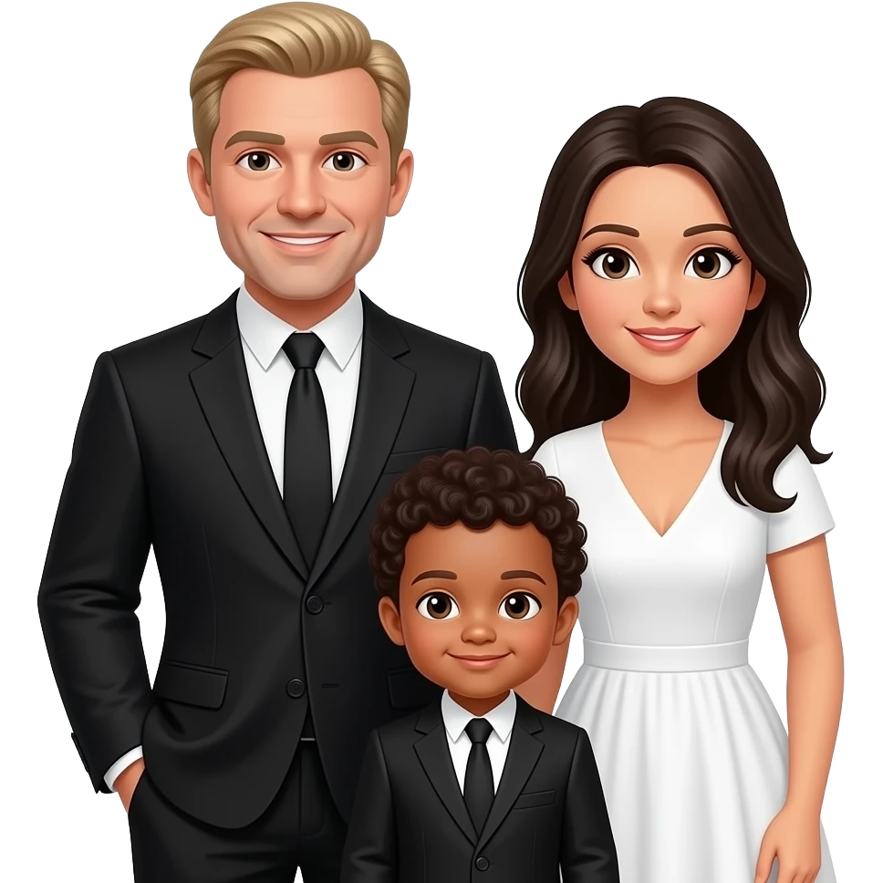 Family of 3 in formal attire, blond older dad , black  younger mom and mix baby boy with curly hair. Mom in white dress and dad wearing black , baby black suit emoji