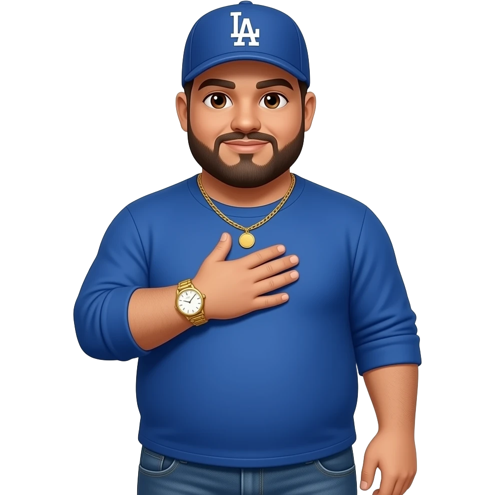 Chubby man with brown eyes and light honey skin tone and lightly shaved black beard wearing a blue Los Angeles Dodgers logo baseball cap wearing a long sleeve blue shirt wearing a gold tennis necklace and a gold wrist watch wearing denim jeans with one hand over his heart emoji