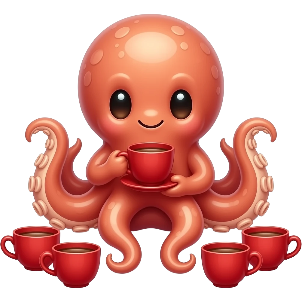 Cute octopus sitting low, holding red teacup in one tentacle while more cups surround it, front-facing whimsical pose emoji