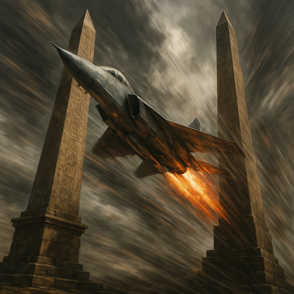 a jet plane about to pass through two towering stone obelisks, intense motion emoji