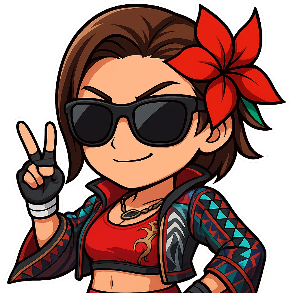 Azucena from Tekken 8 in chibi sticker style, wearing sunglasses and striking a cool pose, standard Twitch emote, wearing her detailed red and patterned outfit as shown in the reference images. emoji
