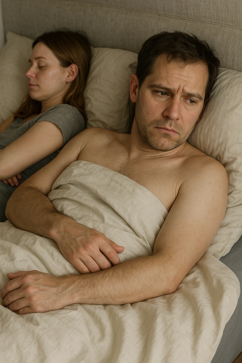 Vertical, hyper-realistic 3D cutaway illustration: uomo con difficoltà con la propria compagna nel letto, faccia depressa emoji
