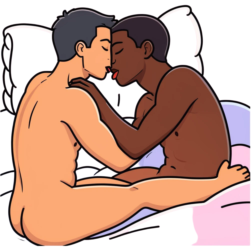 (((White adult male dark hair))) ,(((Dark skin  adult male))), naked, ((( sexual touching genitals))) , intercourse,spooning, kissing eyes closed tongue open mouth ,penis view, erotic rubbing body, sucking  emoji