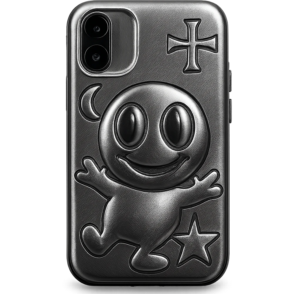 pink and black gothic phone case, big eyes, smiling, playful, cartoonish, gothic symbols emoji