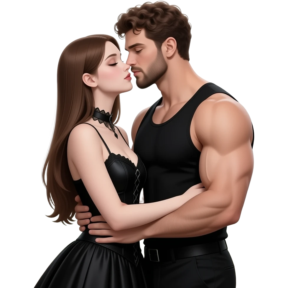 realistic sexy pale skin long straight brown hair girl brown eyes long face wearing gothic dress HD and her muscular man wearing black clothes short brown curly hair and beard hugging and kissing in a forest emoji
