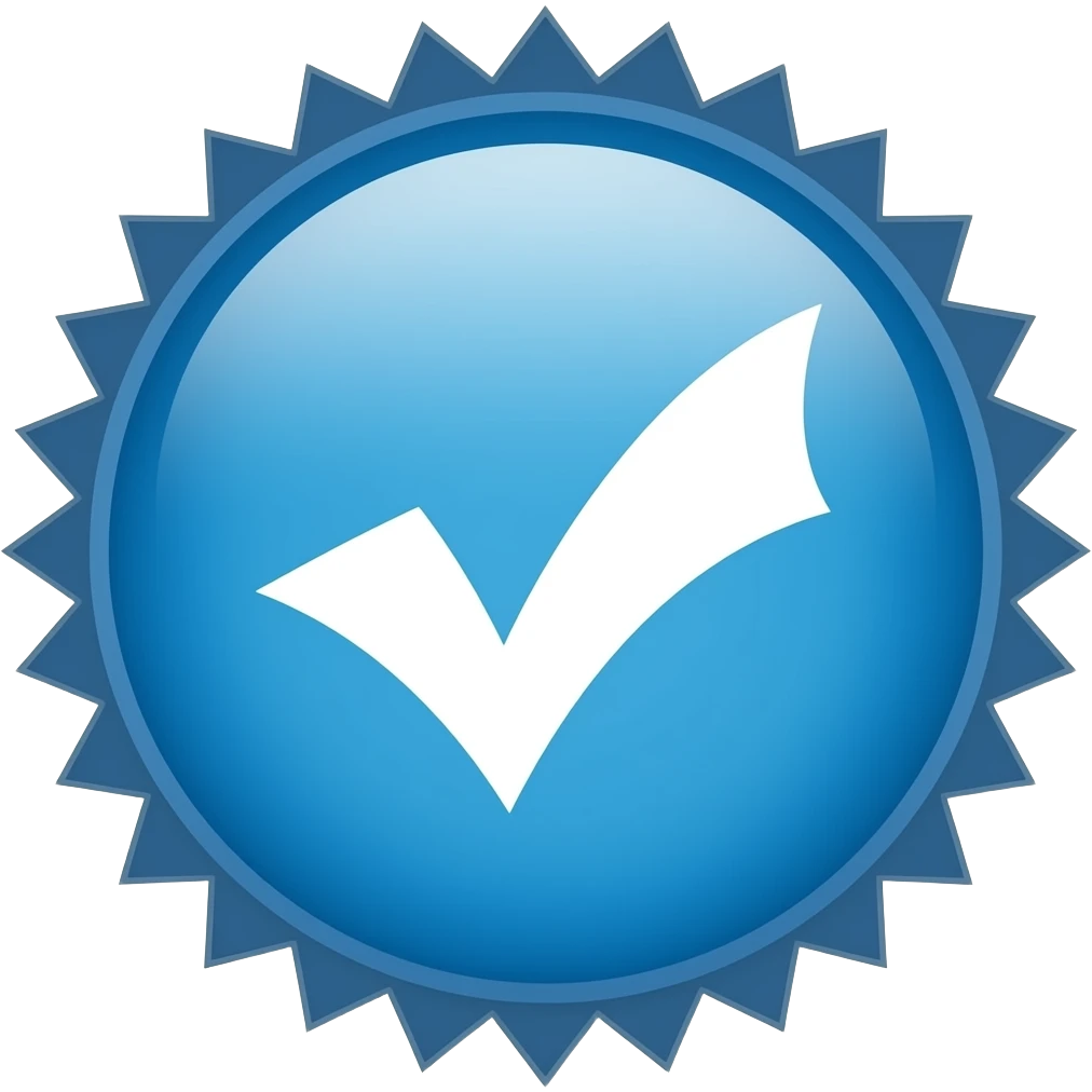 A blue circle with zigzag edge and white verify in centreck emoji