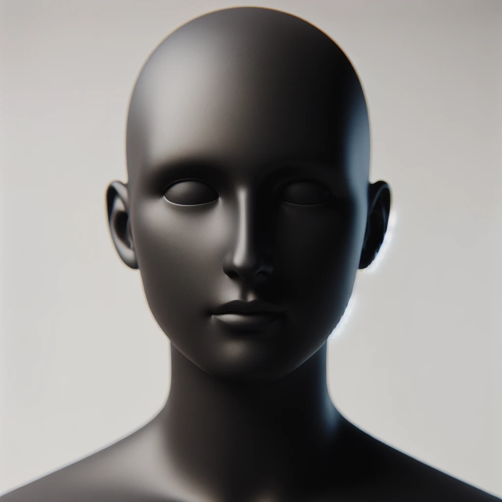 Minimalist 3D avatar, smooth matte plastic texture, soft cinematic lighting. The entire figure is completely black and matte. no eye sockets, no pupils, no eyebrows, clay render style, modern digital illustration, octane render. emoji