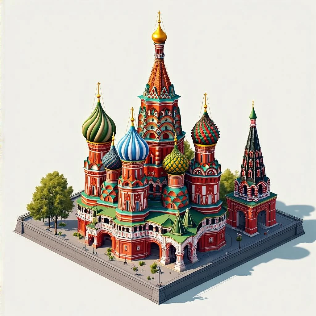Isometric illustration of Moscow, featuring photorealistic Saint Basil's Cathedral, highly detailed in semi-realistic style, balanced between stylized painting and realistic, 3D miniature effect with a slight hand-painted touch - transparent background emoji