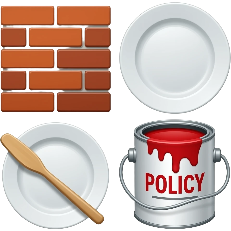 Collage of brick, kitchen ware, policy, paint can emoji