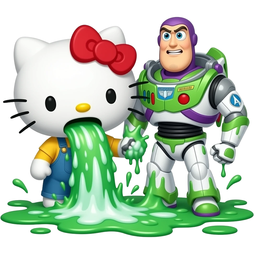 Green and white, throwing up—Hello Kitty and Buzz are throwing up together, a lot, covering the ground in vomit; it's gushing out of her mouth like Niagara Falls angry emoji