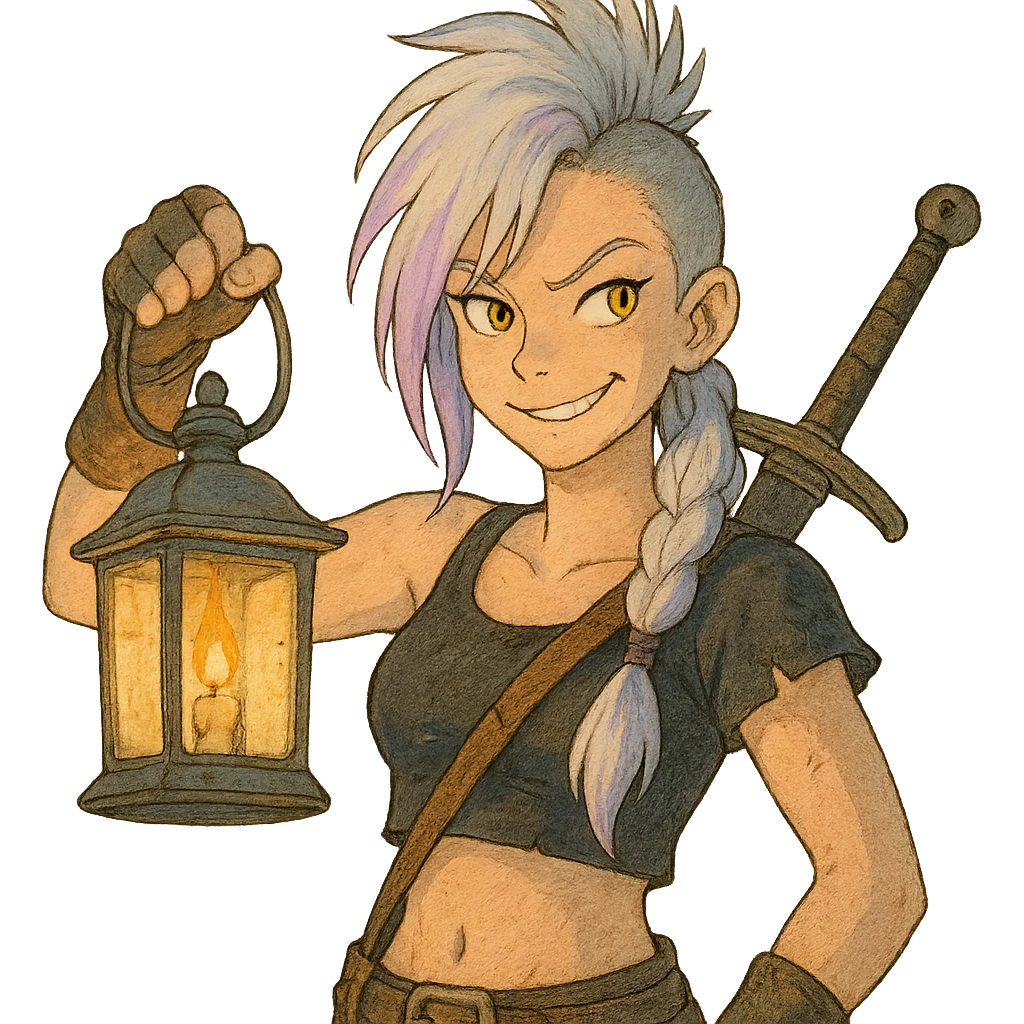 A sword maiden, mohawk, long braid white hair with lavender and tips long messy bangs one side, gold yellow eyes, black crop top, brandishing a lantern. Mischievous smirk emoji