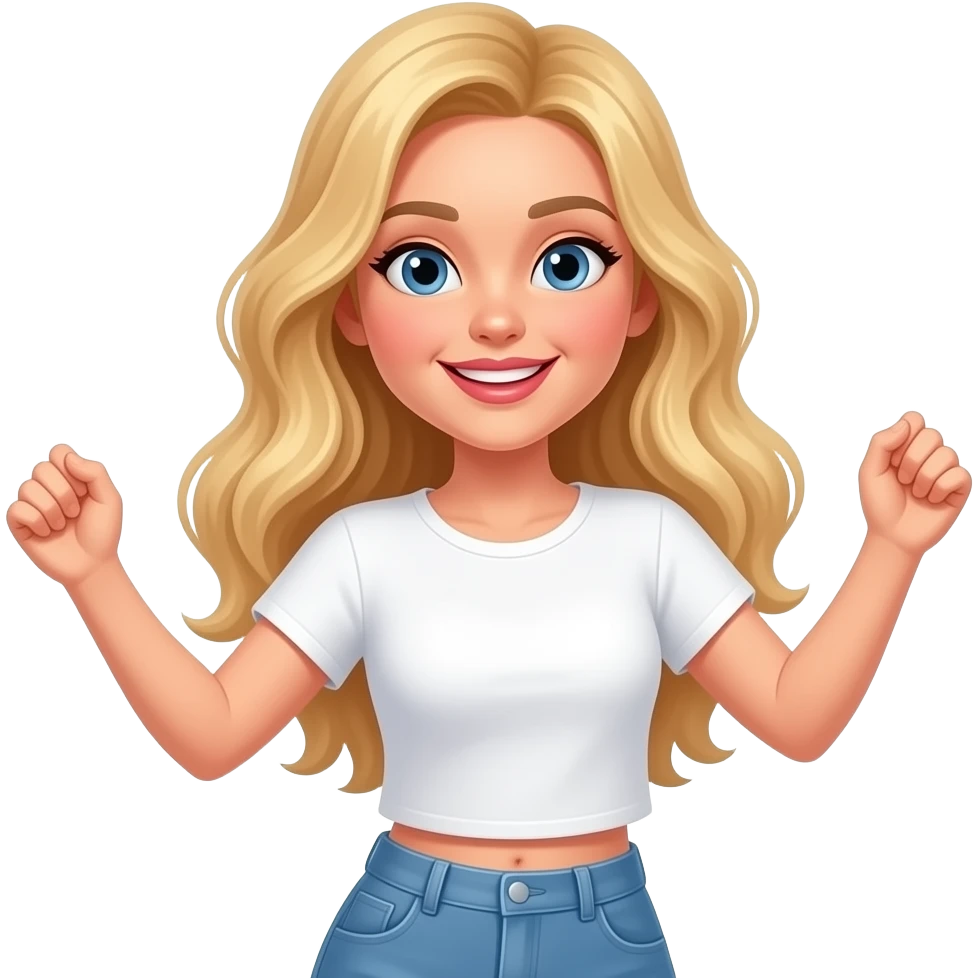 strawberry blonde fair skinned long hair woman in white tshirt dancing emoji