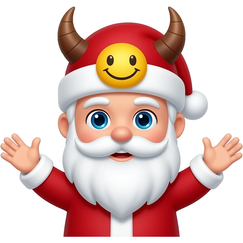 like Santa Claus blue eyes but with devilshorns throughly the hat with yellow smiling face and open arms like that 🤗and without glasses and overlipbeard!!! emoji