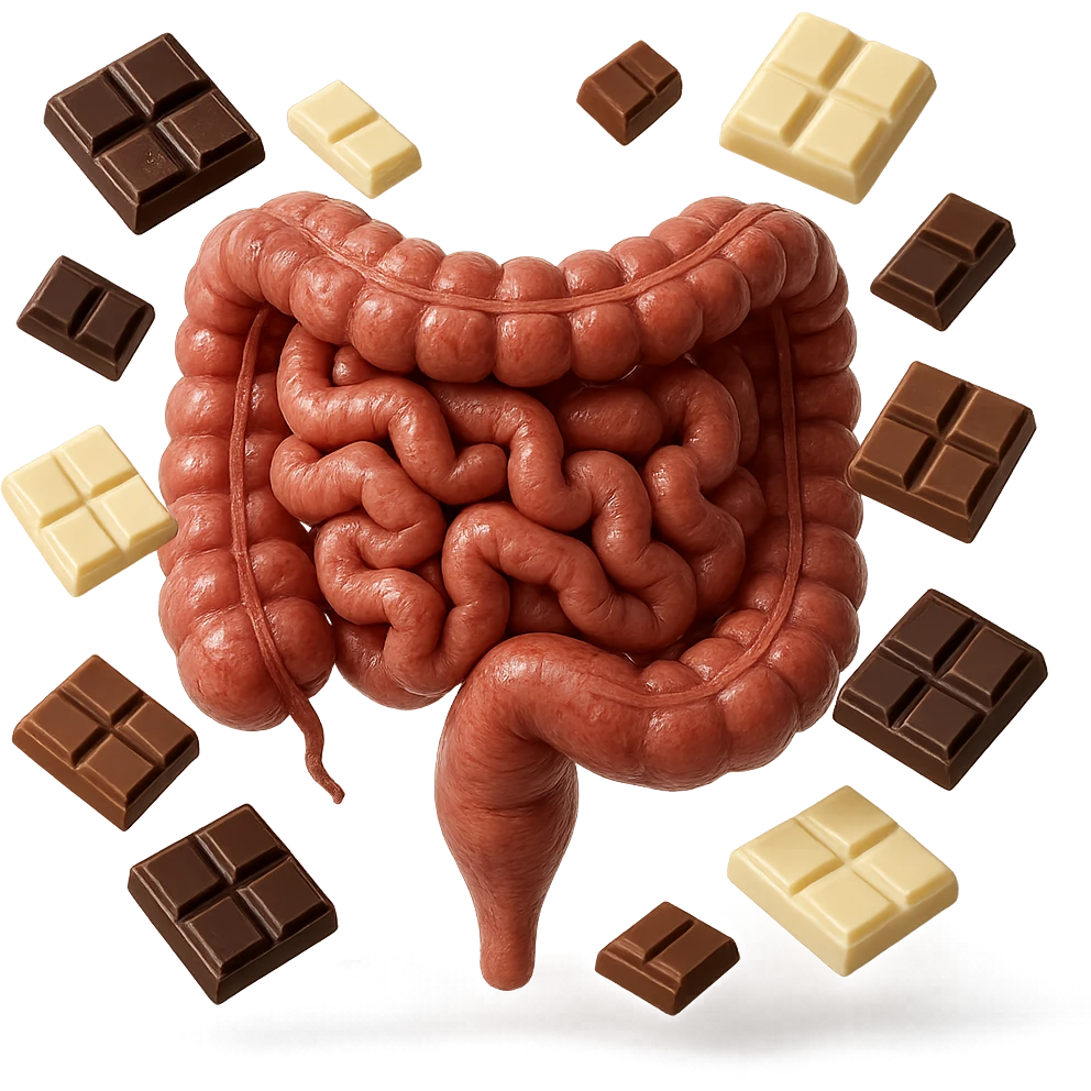 pezzetti di cioccolato fondenti, al latte e bianchi fluttuano intorno ad un intestino umano anatomico realistico, IPERREALISTICO 4K emoji