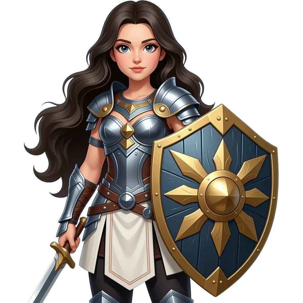 A young female warrior stands confidently in full-body portrait, with long, dark wavy hair and fair skin. She wears intricate fantasy armor. The detailed attire includes a white kilt, dark undergarments, and golden shield emblem. emoji