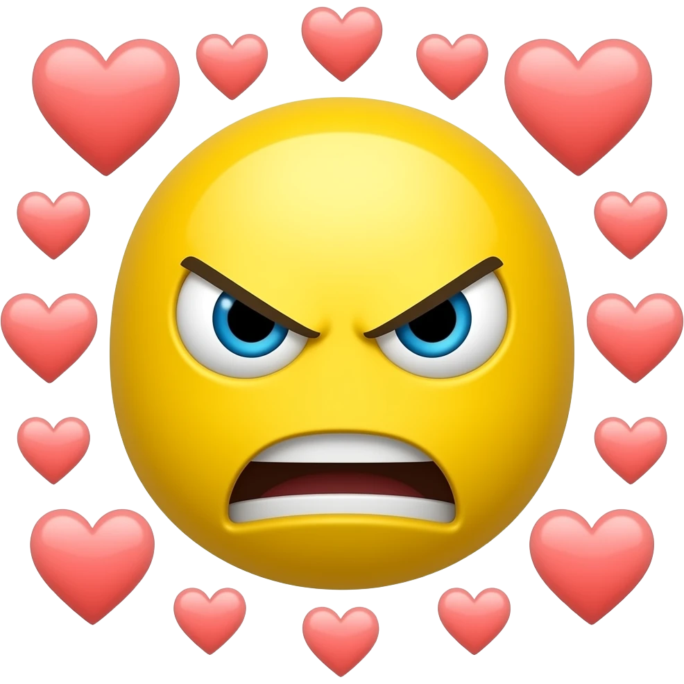 yellow emoji mad with hearts around emoji