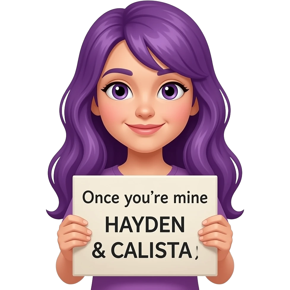 girl with long purple hair holding a Once you're mine HAYDEN & CALISTA sign emoji