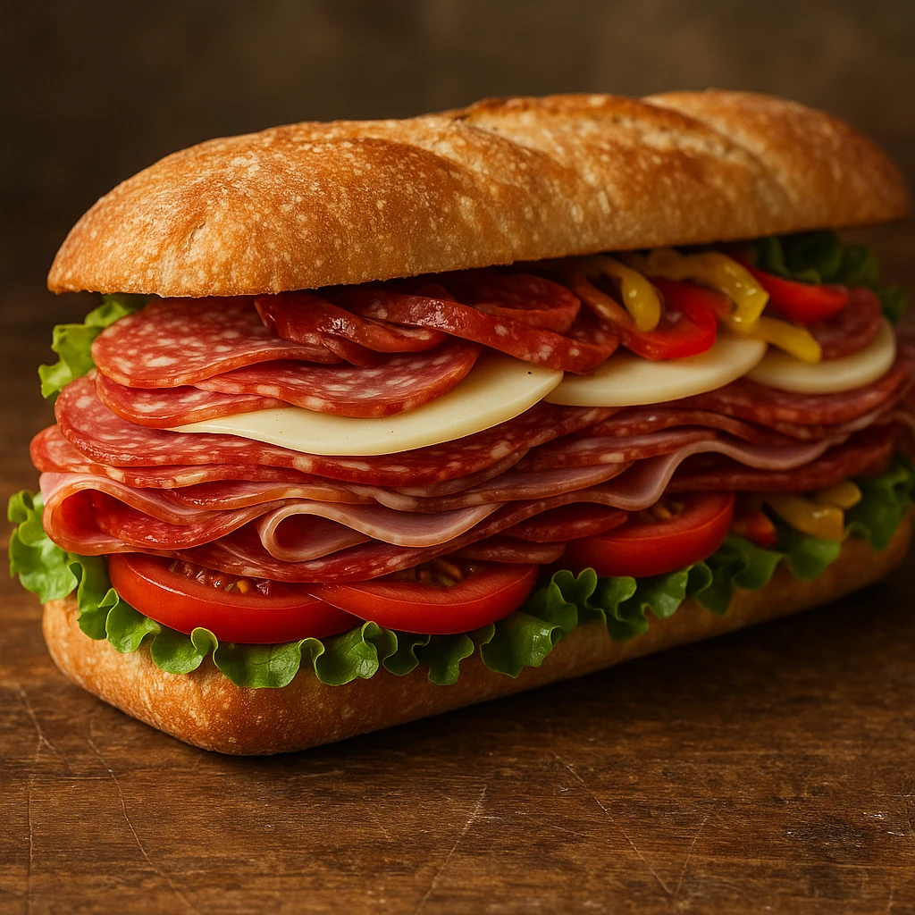 an Italian sandwich with visible layers of cured meats, provolone cheese, lettuce, tomato, and peppers, on a rustic baguette emoji