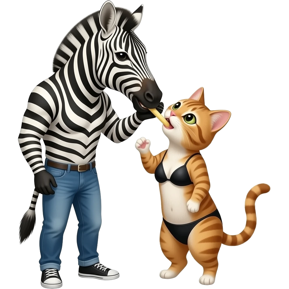 human zebra male biting the cat neck. a human girl cat wearing black bikini emoji