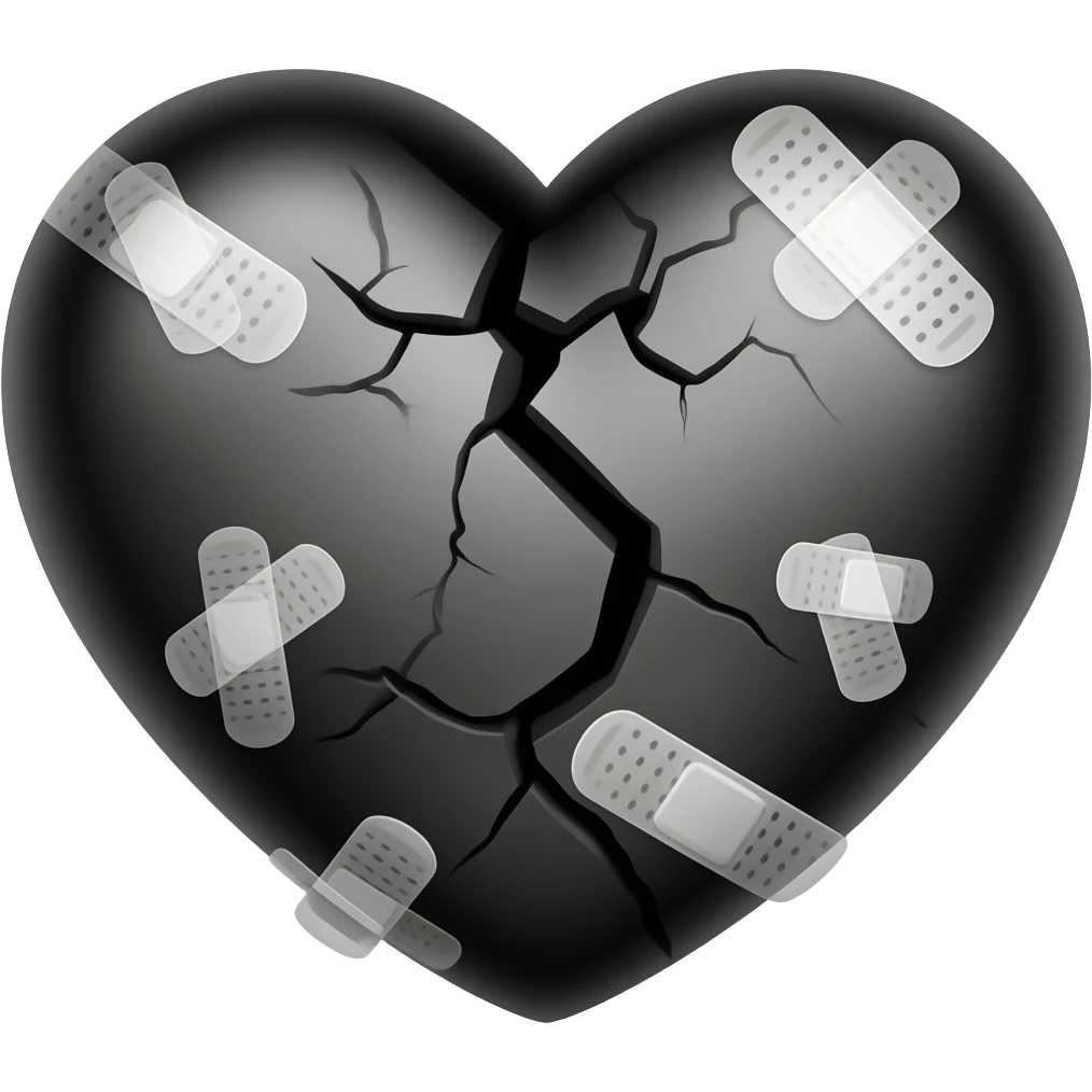 Black cracked mending heart with several small white band aids emoji