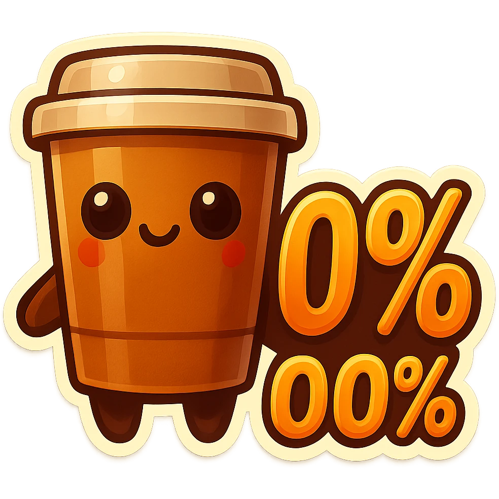 Tall coffee cup, no mouth, giant sign "100%" emoji