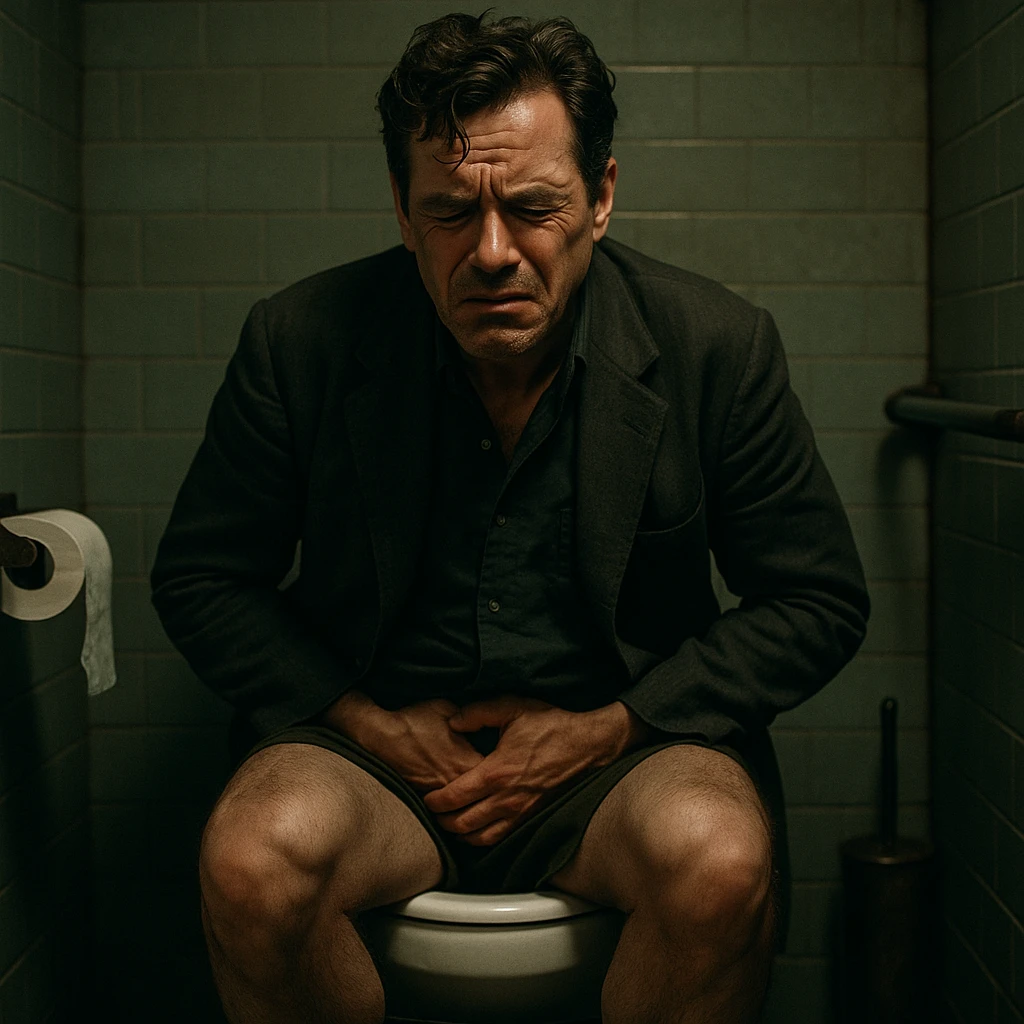 Uomo con emorroidi e altri problemi di quel tipo, stile cinema emoji