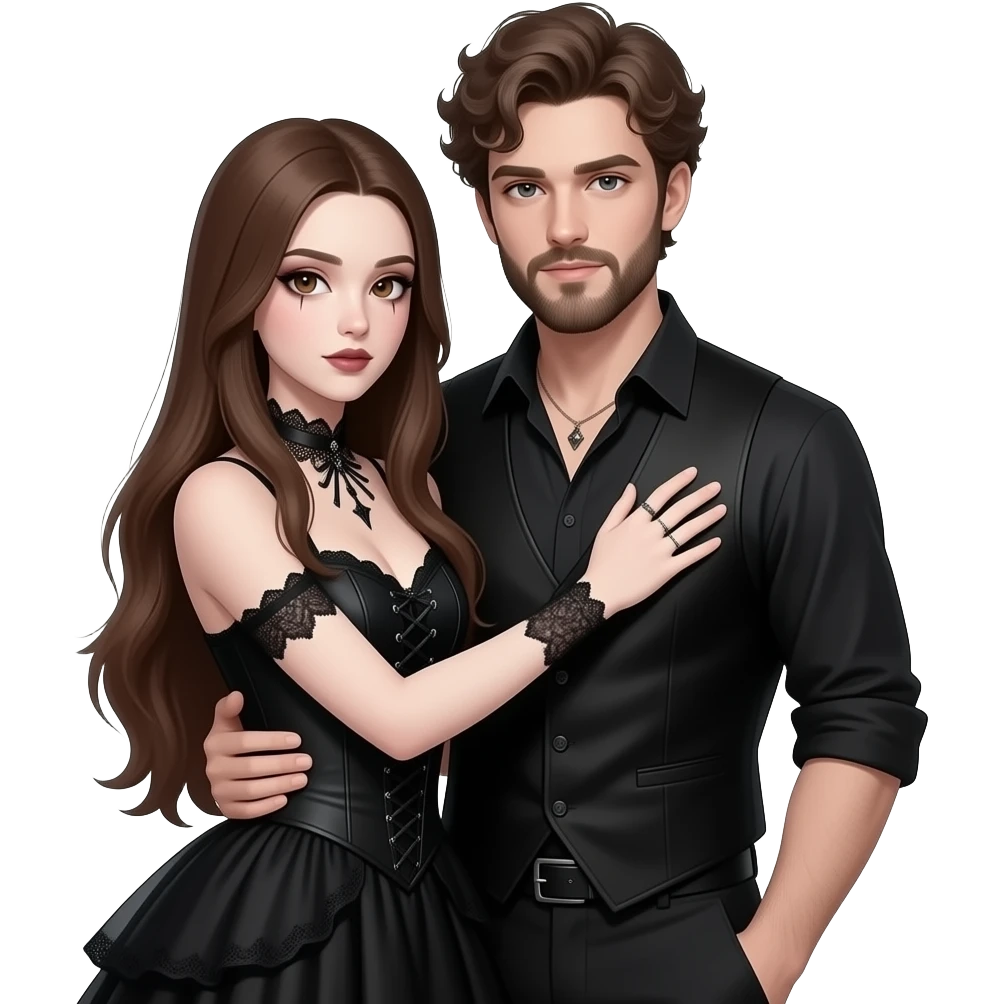 realistic pretty pale skin long straight brown hair girl brown eyes long face wearing gothic dress and gothic makeup HD and her man short brown curly hair and beard hugging emoji