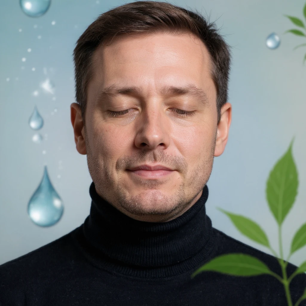 Vertical portrait of a man's face in a realistic style with closed eyes. Include symbols of water drops and green leaves near the face to represent hydration and detoxification during fasting. The atmosphere should convey freshness and cleanliness. emoji