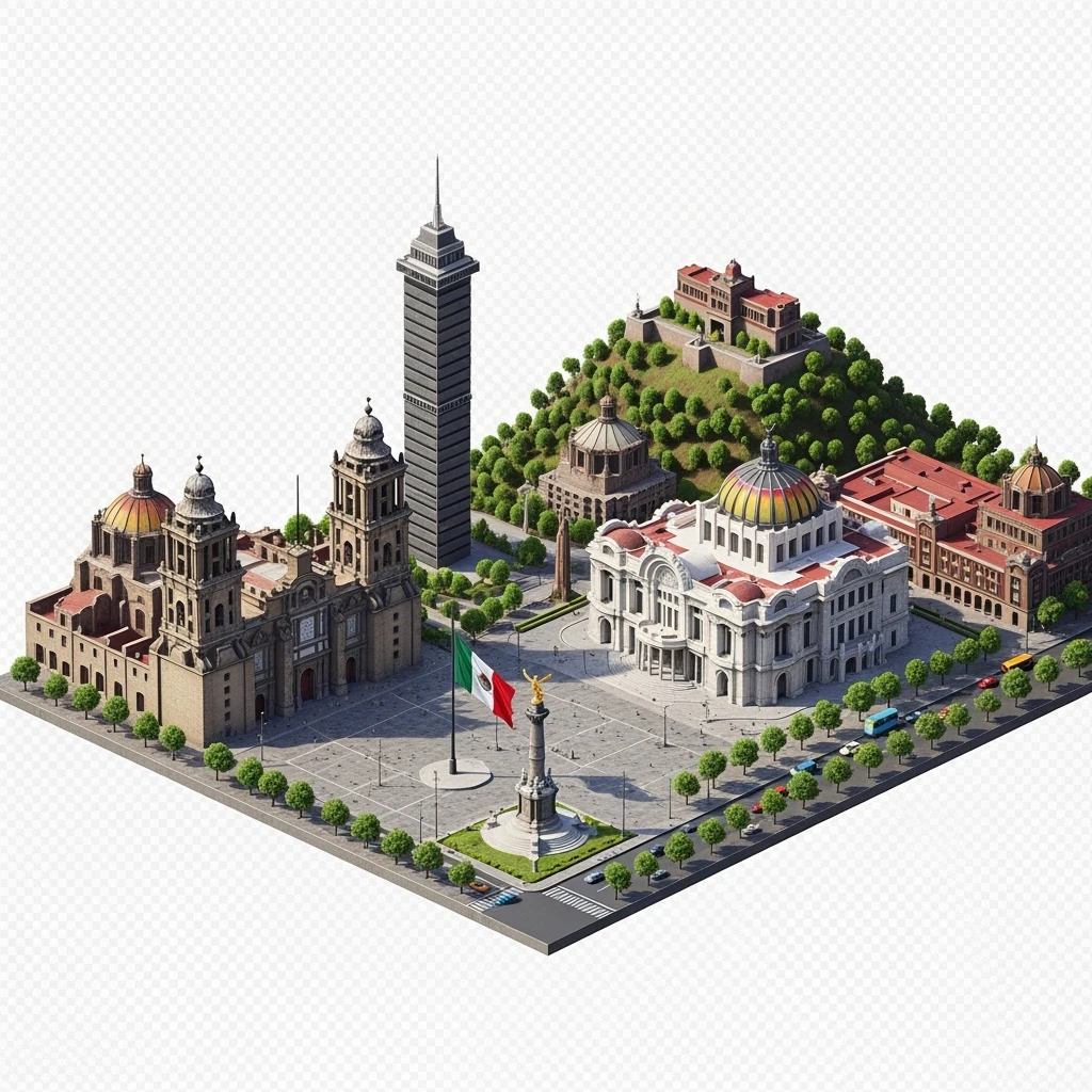 Isometric diorama of Mexico City iconic landmarks: Zócalo square with Metropolitan Cathedral, Palacio de Bellas Artes, Torre Latinoamericana, Chapultepec Castle, and Angel of Independence, atmosphere of the city 3D miniature effect and Tilt Shift effect, no cartoonish look, transparent background. emoji