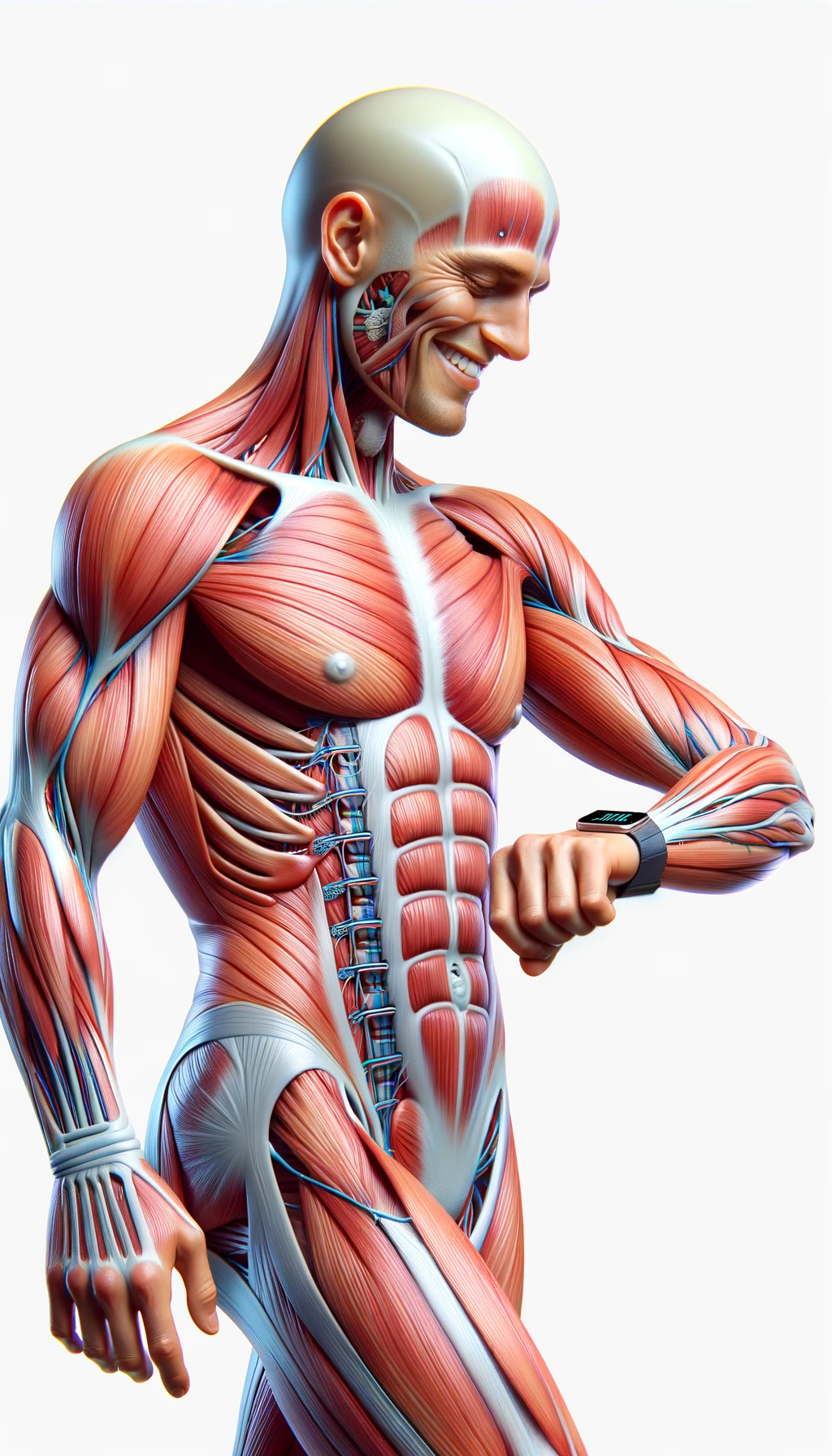 corpo umano anatomico sereno e felice che cammina mentre osserva il suo orologio contapassi, colori realistici del corpo, espressione soddisfatta, iperrealistica 4k, isolato su sfondo bianco emoji