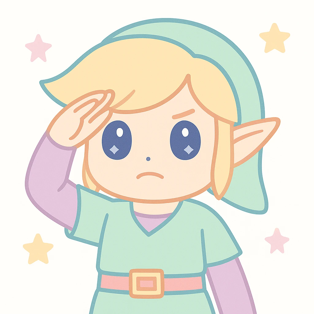 Link performing a military salute with right hand on forehead, serious expression, no text, kawaii style. emoji