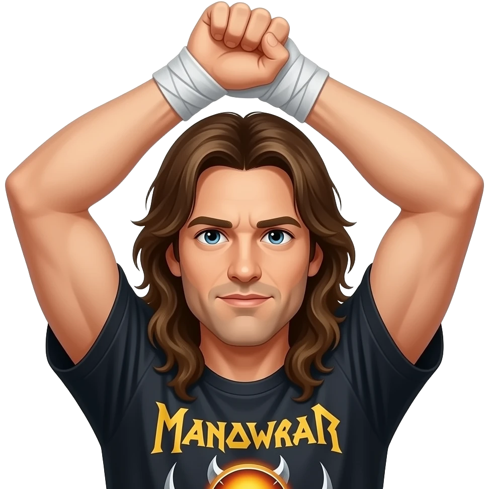 Ein Mann mit langen Haaren und Manowar T-shirt. Die linke Hand ist zur Faust geballt und die rechte Hand umschließt das Handgelenk unter der Faust. Dir Arme sind über den Kopf gereckt emoji