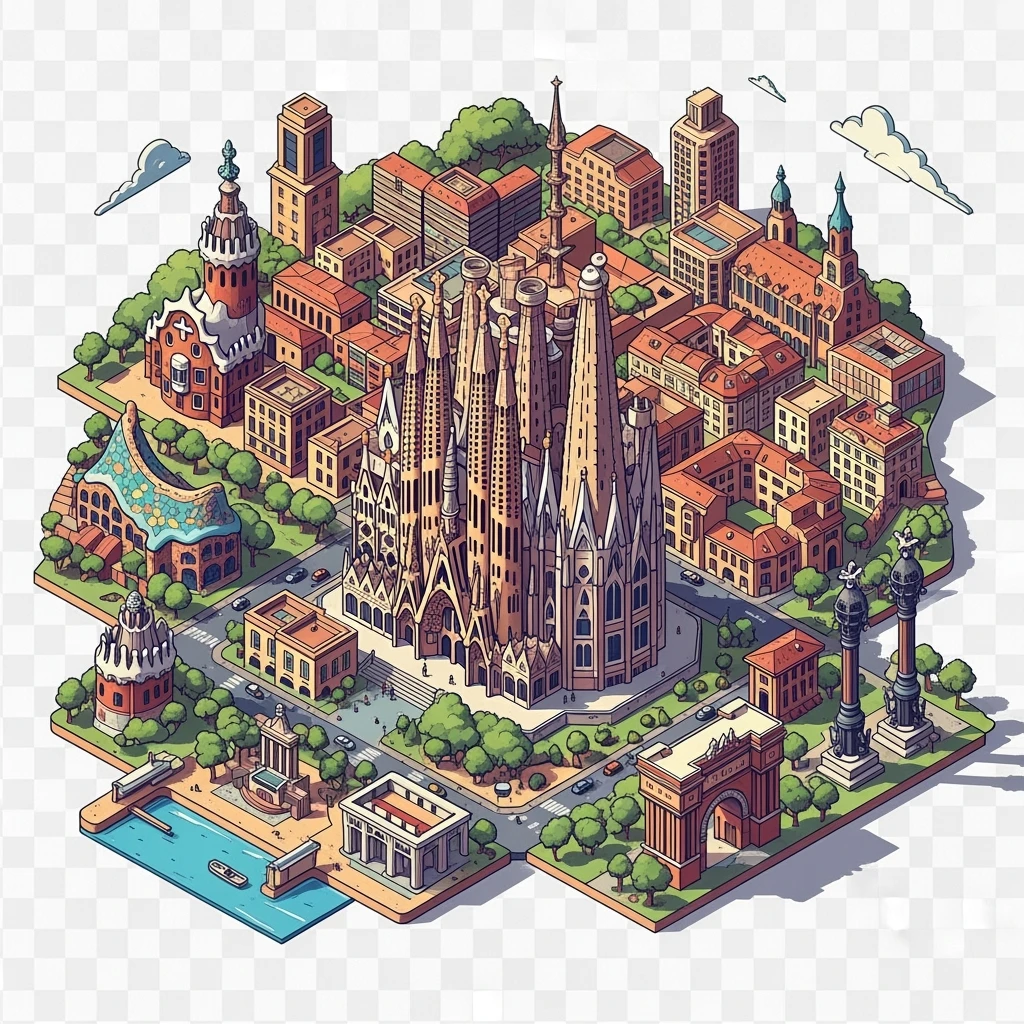 Isometric illustration of Barcelona, featuring Sagrada Familia with intricate spires, highly detailed in semi-realistic style with sharp outlines, balanced between stylized and realistic, 3D miniature effect, transparent background. emoji