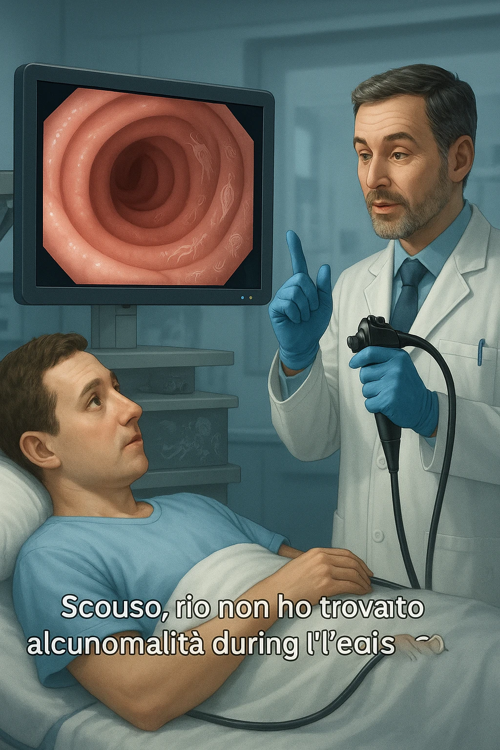 A medical cinematic illustration showing a patient undergoing a colonoscopy in a modern clinical setting. On the monitor, the endoscopic camera shows smooth, healthy-looking intestinal mucosa — clean and without evidentiary signs. But layered symbolically in the background (or faded into the intestinal wall), tiny parasitic organisms like protozoa and helminths are subtly depicted hiding between folds, or embedded deeper in tissues, undetectable by the surface-only scope. The doctor gestures with confidence, while the patient remains unaware that the test might not reveal the true underlying infection. The scene has cool clinical lighting, shallow depth of field, and realistic anatomy, overlaid with symbolic, almost ghost-like imagery of parasites in italiano emoji