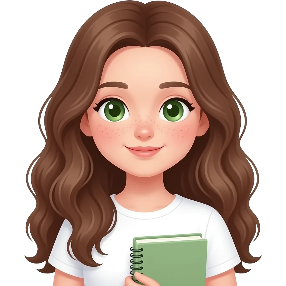 Cute study girl IN WHITE TOP, Long BROWN wavy hair, green eyes, soft WITH not volominous SLIM FACE , aesthetic, minimal, pastel colors, cozy study vibe, holding book or notebook,PREPPY VERY PRETTY FACE WITH FRECKLES emoji
